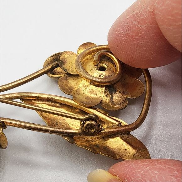Vintage 1940s Floral Brooch Gold Tone Slender Long Stem Flower Pin 3.25" - Picture 7 of 9
